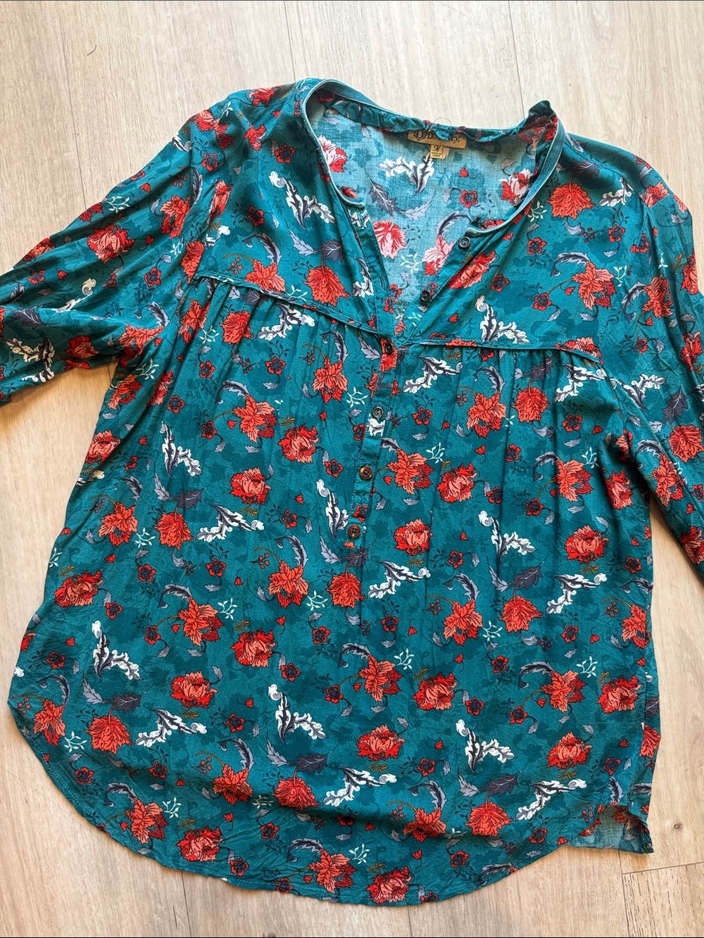 Democracy Teal Floral Henley Blouse with Red Blooms